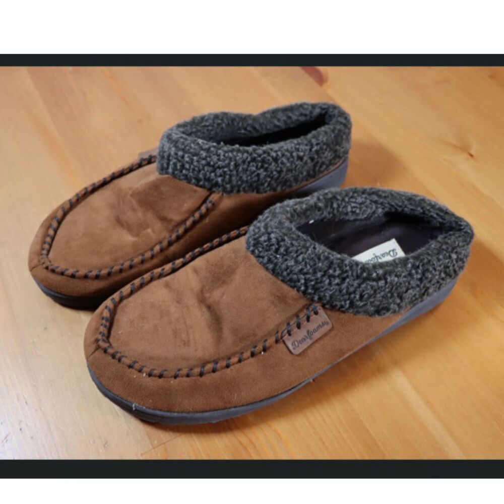 Dearfoams Dark Brown Fleece Lined Slippers Faux Fur Washable M 9-10